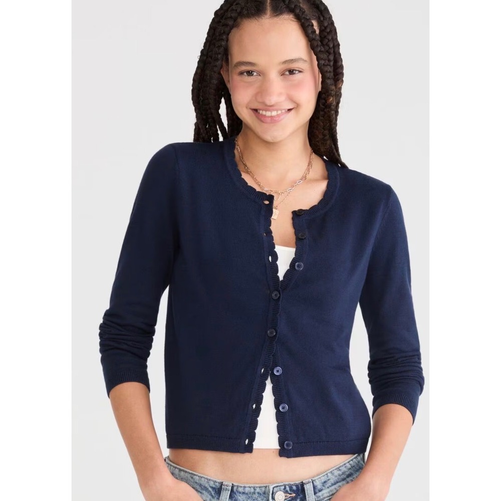 Aeropostale Scalloped Crew Cardigan Navy Cotton Button M Preppy Academia